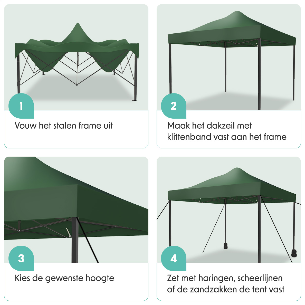 Four images show how to set up a green tent. The process is described with text.