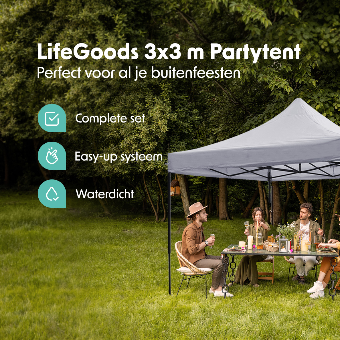 People dining under a party tent in a garden.