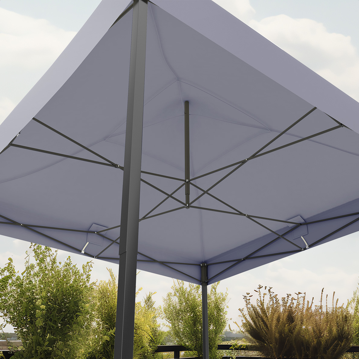 Underside of a blue parasol. The frame and supports are visible. Green plants are in the background.