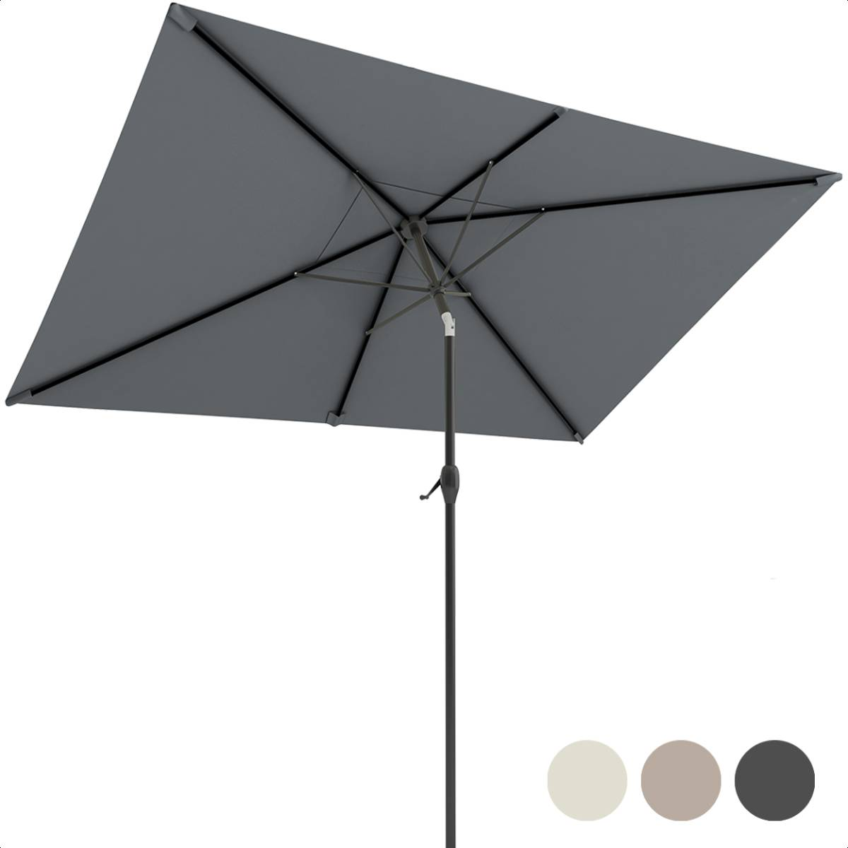 Vierkante parasol met grijze luifel en kleuropties.