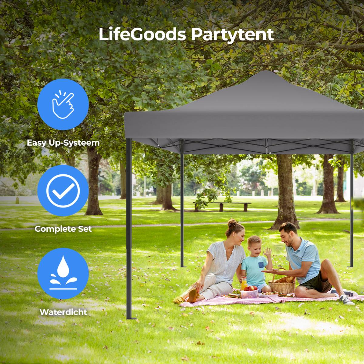 A family picnicking under a gray party tent. Text: 'LifeGoods Partytent'. Icons: easy up, complete set, waterproof.
