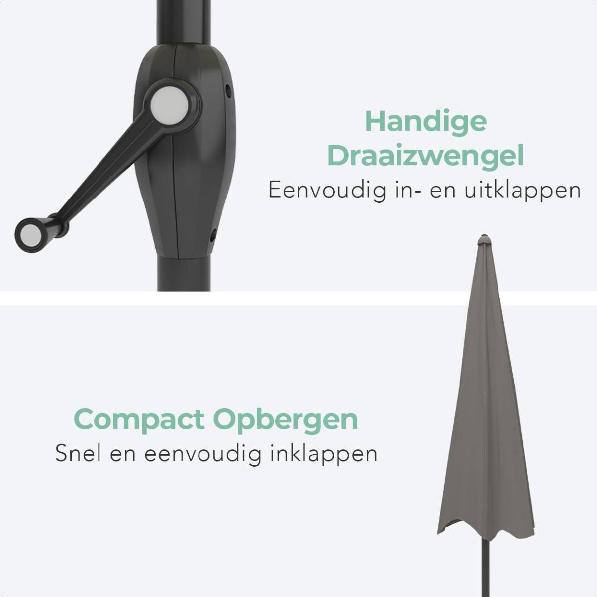 Details van een parasolmechanisme: handvat, eenvoudig openen/sluiten en compact opbergen.
