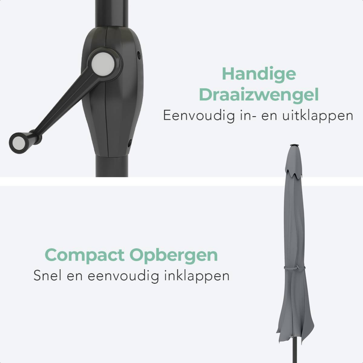 Close-up van parapluhandvat en gesloten paraplu. Tekst: gemakkelijk openen en compact opbergen.