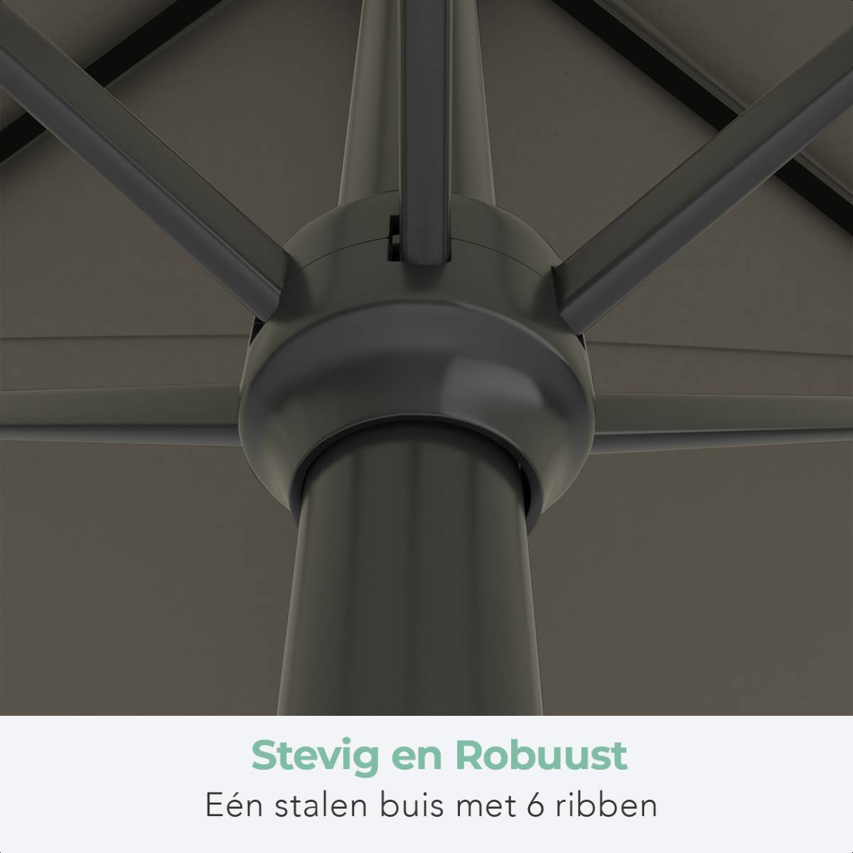 Close-up van de centrale naaf van een paraplu, die de stevige, robuuste constructie met 6 ribben laat zien.