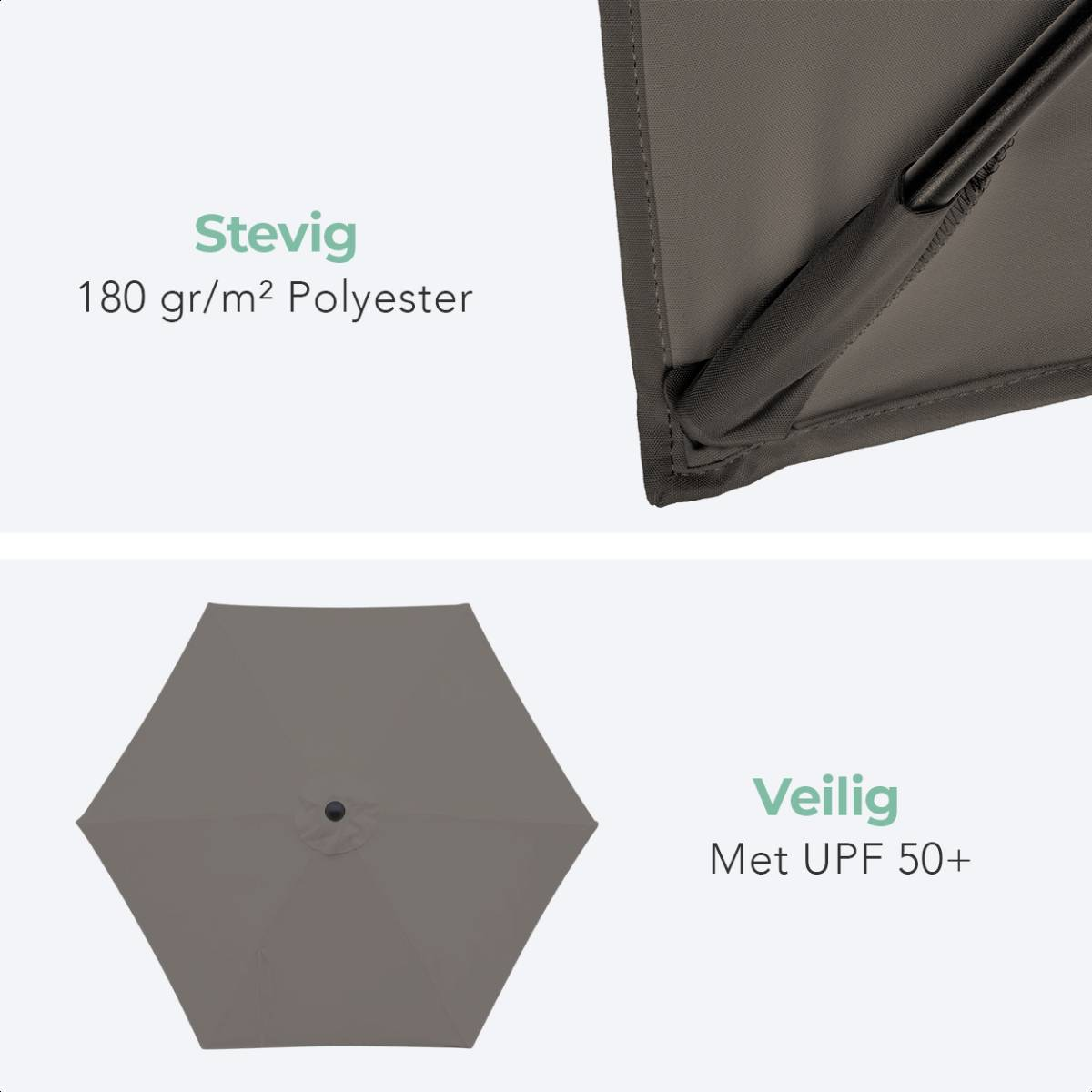 Close-up van parapludoek en bovenaanzicht. Stof is 180 gr/m² polyester en veilig met UPF 50+.