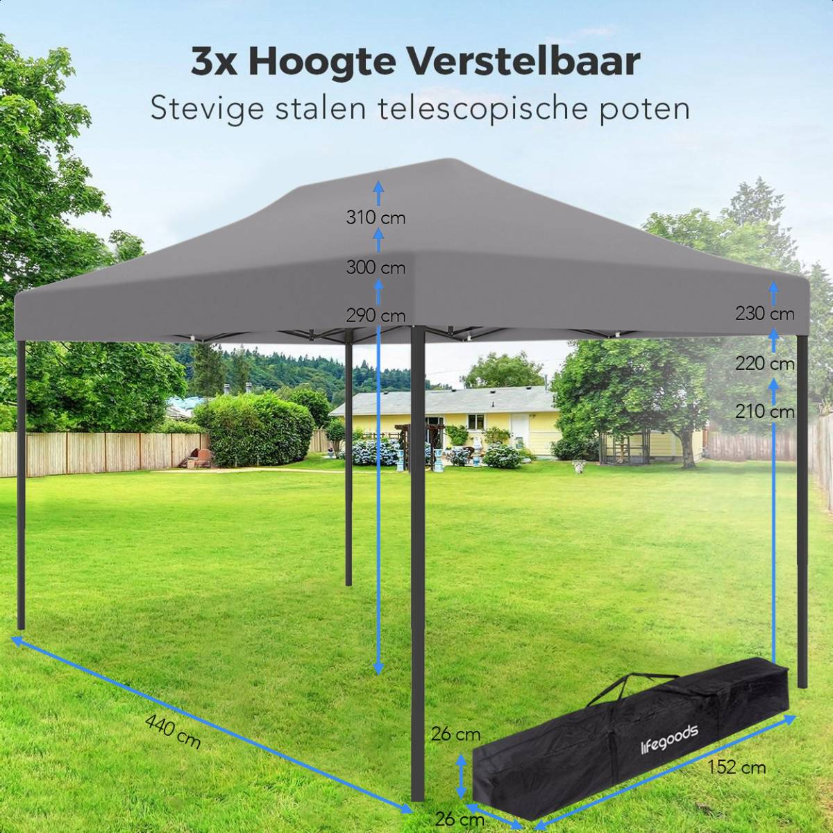Gray gazebo with adjustable height, dimensions shown. People in the background, green grass.