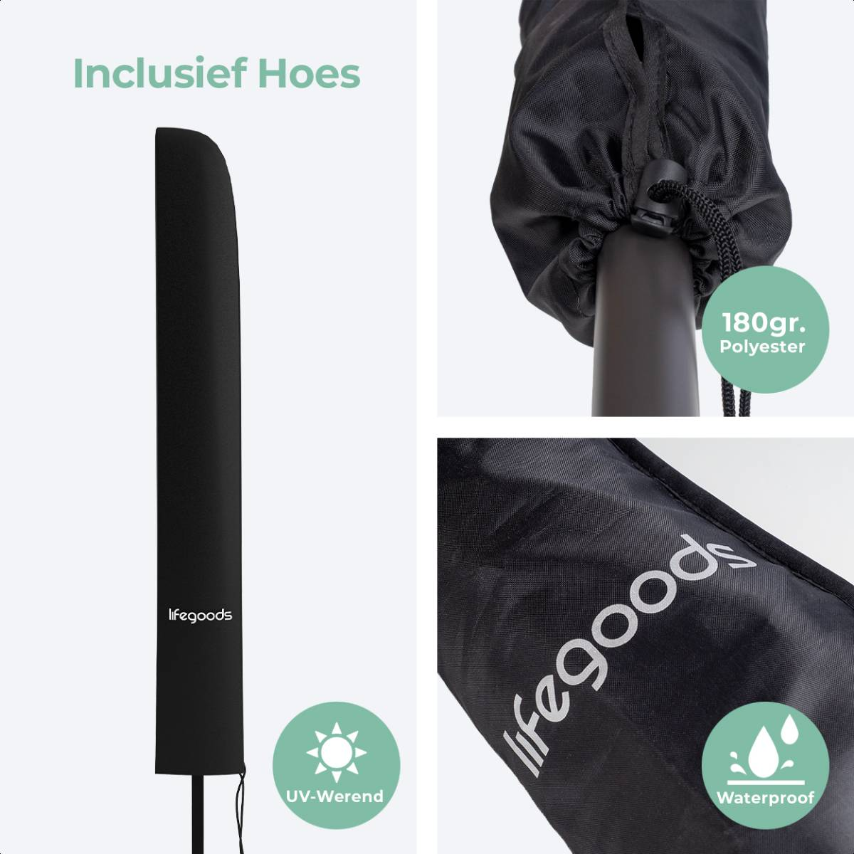 Afbeeldingen van een zwarte parapluhoes, met details van het materiaal en branding.