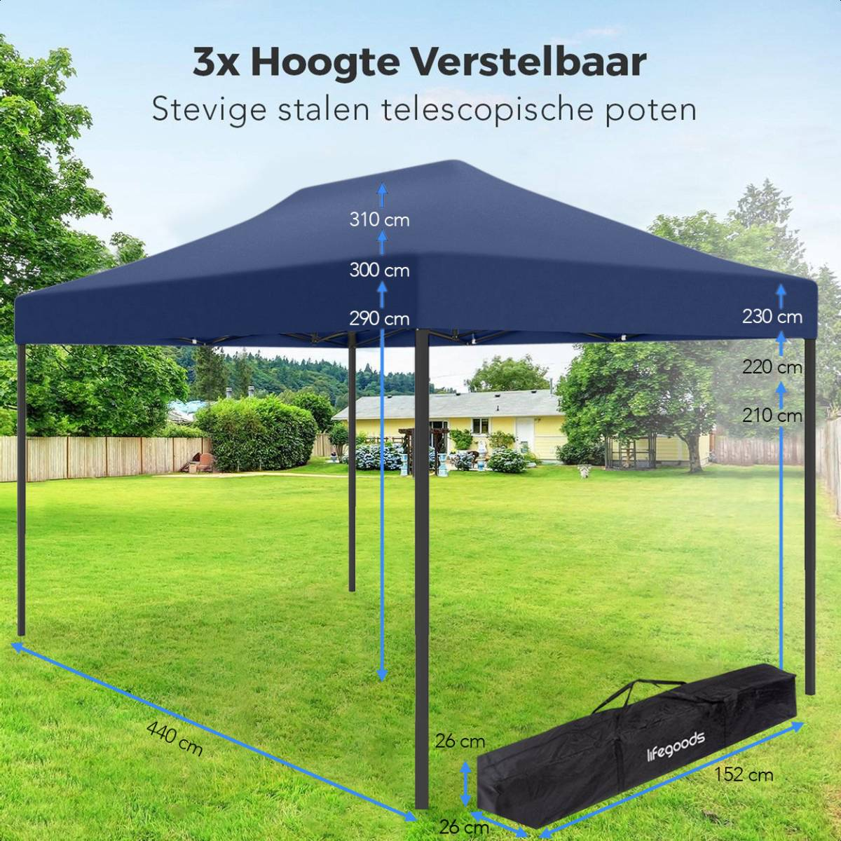 A blue pop-up tent set up on a grassy lawn. Dimensions are labeled in cm. Trees are in the background.