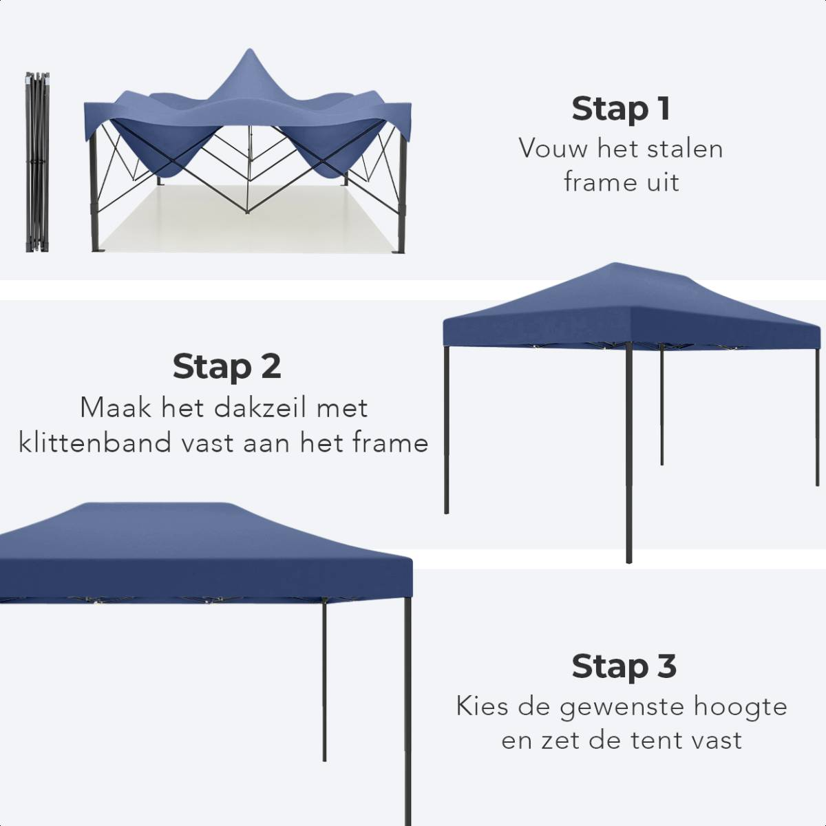 Step-by-step guide: folding tent frame, attaching roof, adjusting height and securing.
