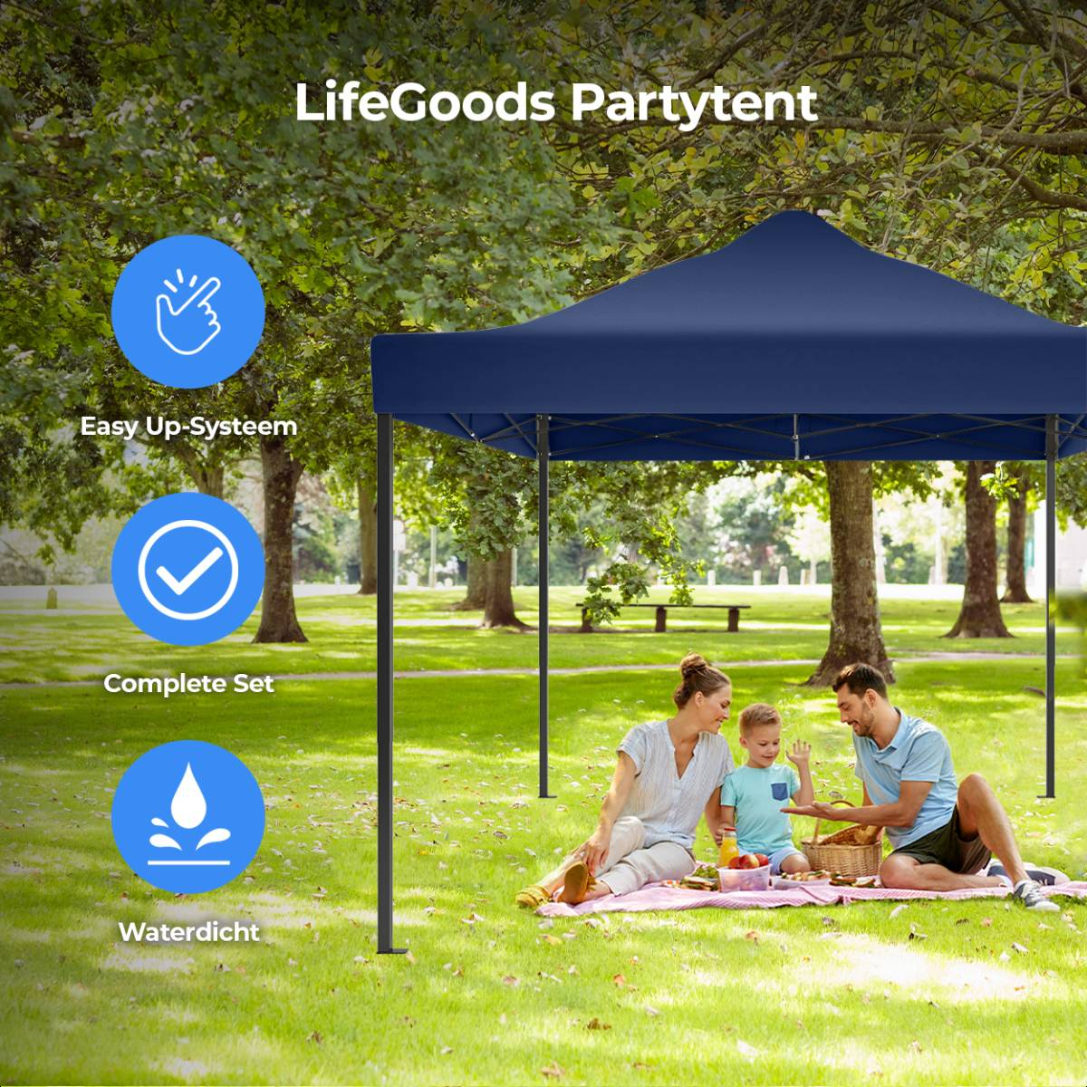 Family under a navy blue pop-up tent in a park. Includes icons and text: Easy Up-System, Complete Set, Waterproof.