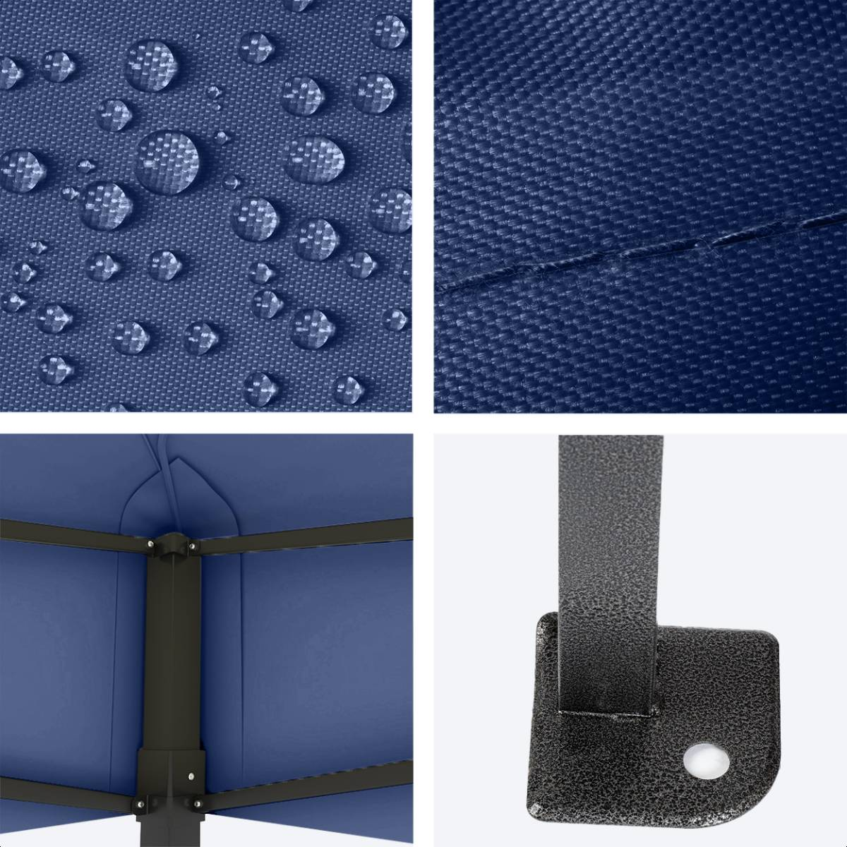 Close-up shots of a dark blue tent material with water droplets, texture details, and the frame.