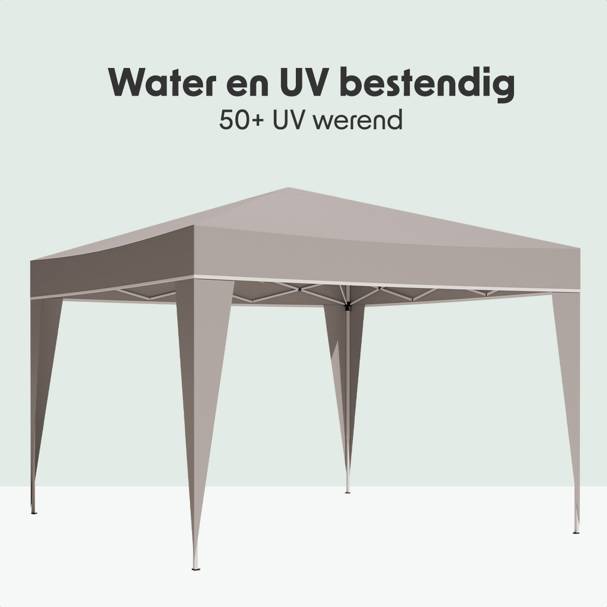 Une tente grise avec du texte qui dit 'Résistant à l'eau et aux UV' et '50+ protection UV'.