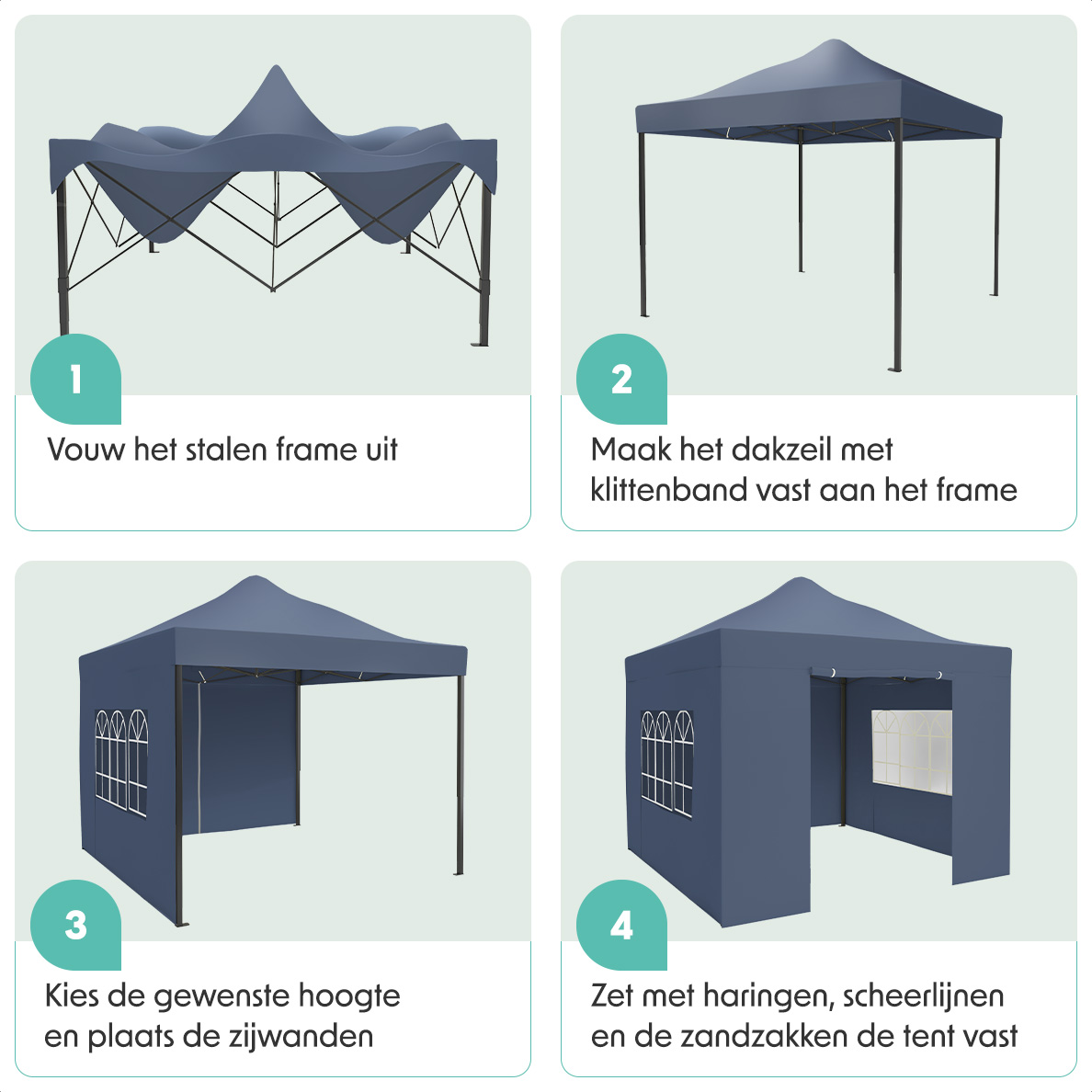Four images showing how to set up a blue party tent. Steps: frame out, attach roof, etc.