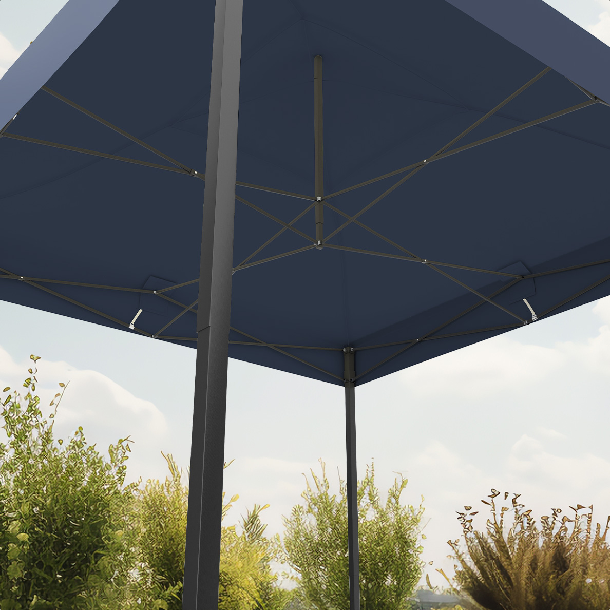 Blue tent top from below, with frame visible. Trees and sky in background.