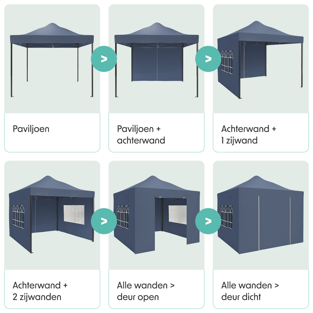 Diagrams showing tent assembly steps: pavilion, pavilion with wall, and more.