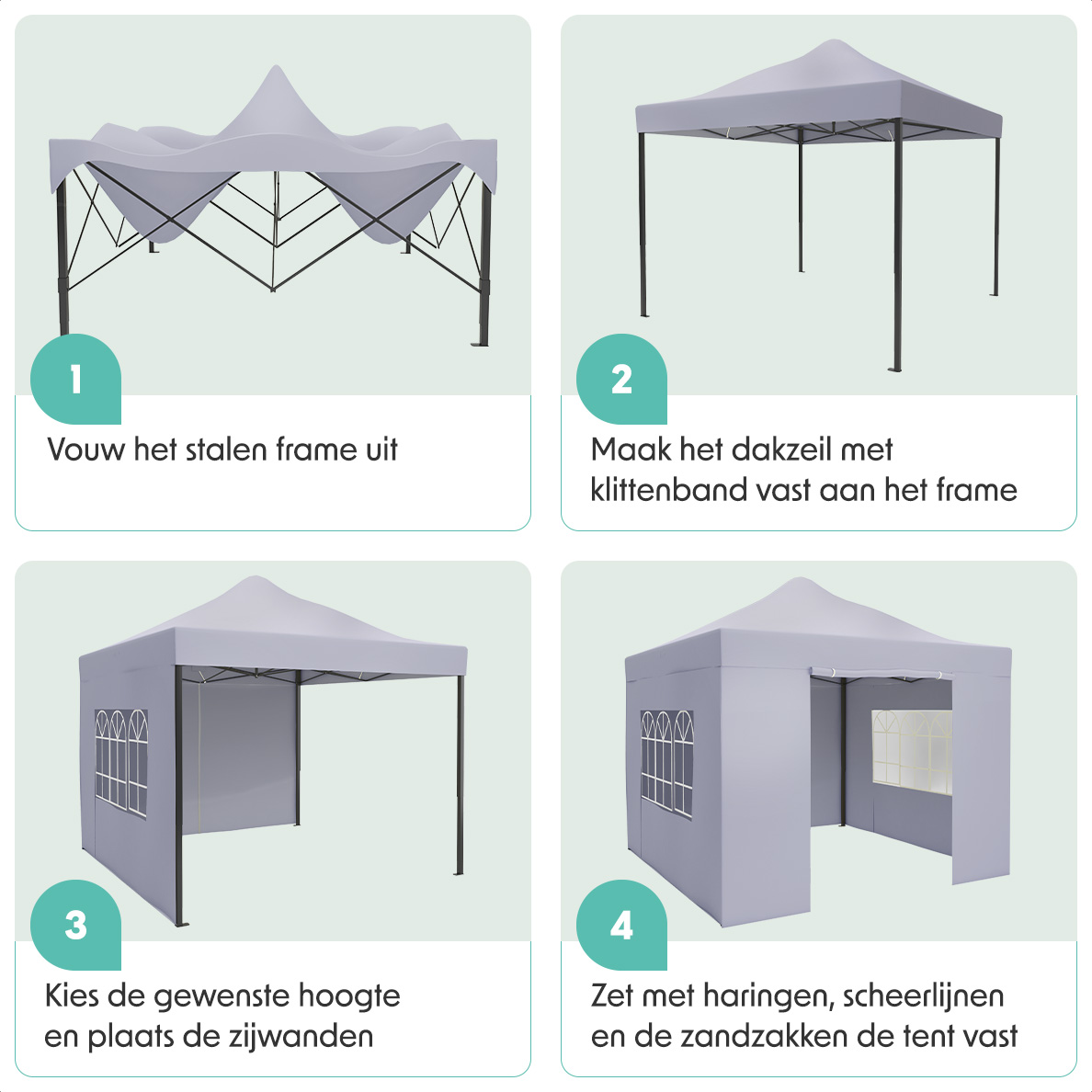 Four images showing how to set up a gray party tent. Steps: frame out, attach roof, etc.