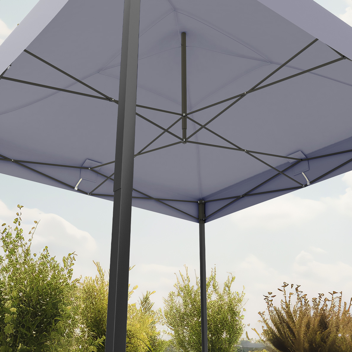 The interior of a tent roof showing the frame structure against a blue sky.