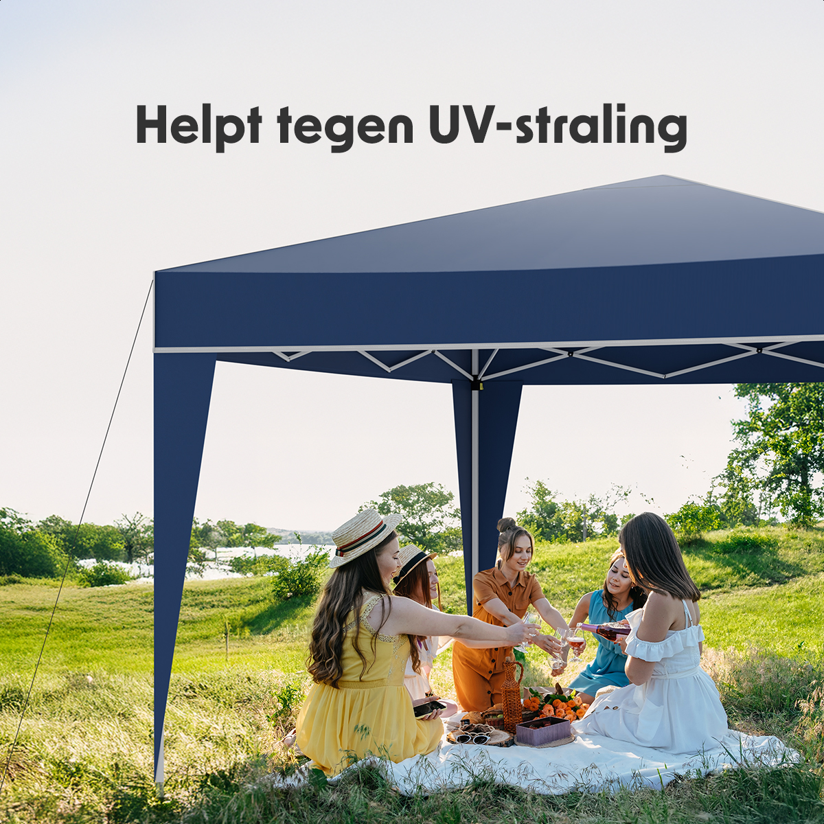 People under a blue tent, with text 'Helps against UV radiation'. They are enjoying drinks and food.