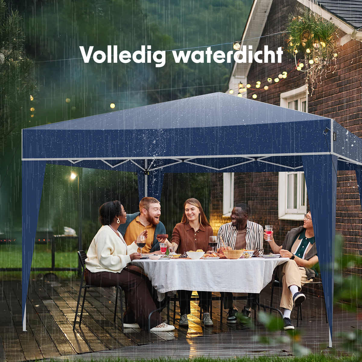 People under a blue tent in the rain, enjoying a meal with wine. The tent is waterproof.