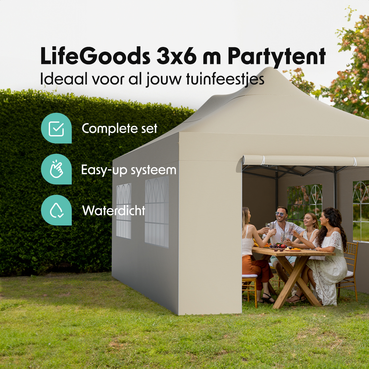 Beige party tent with people at a table, green hedge behind. Text includes 'Complete set', 'Easy-up system'.