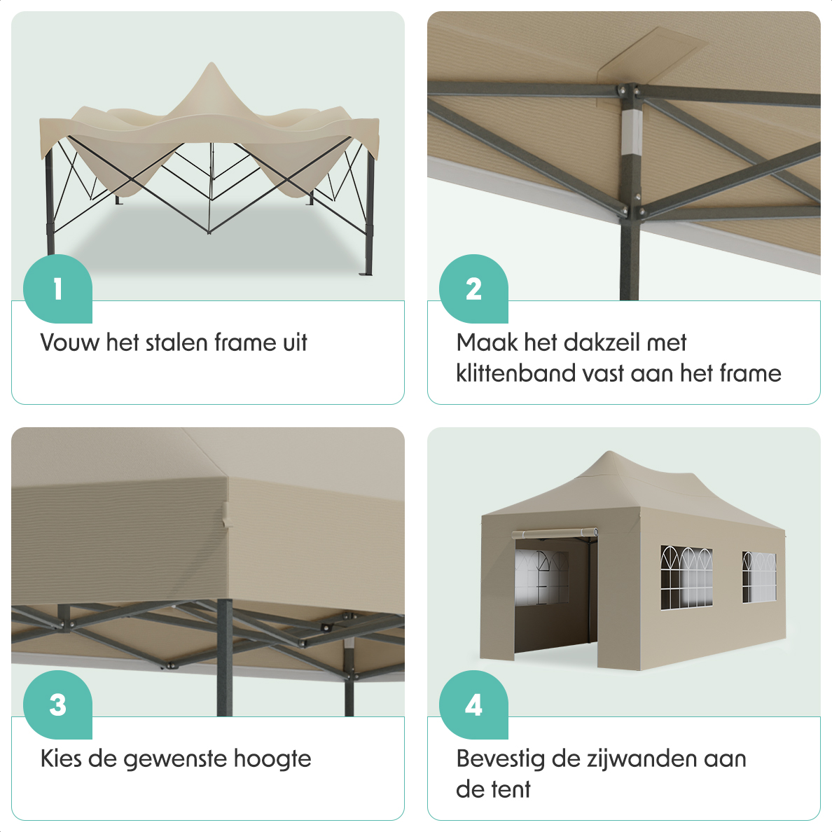 Four images showing tent assembly steps: unfolding frame, attaching roof, adjusting height, and attaching sides.