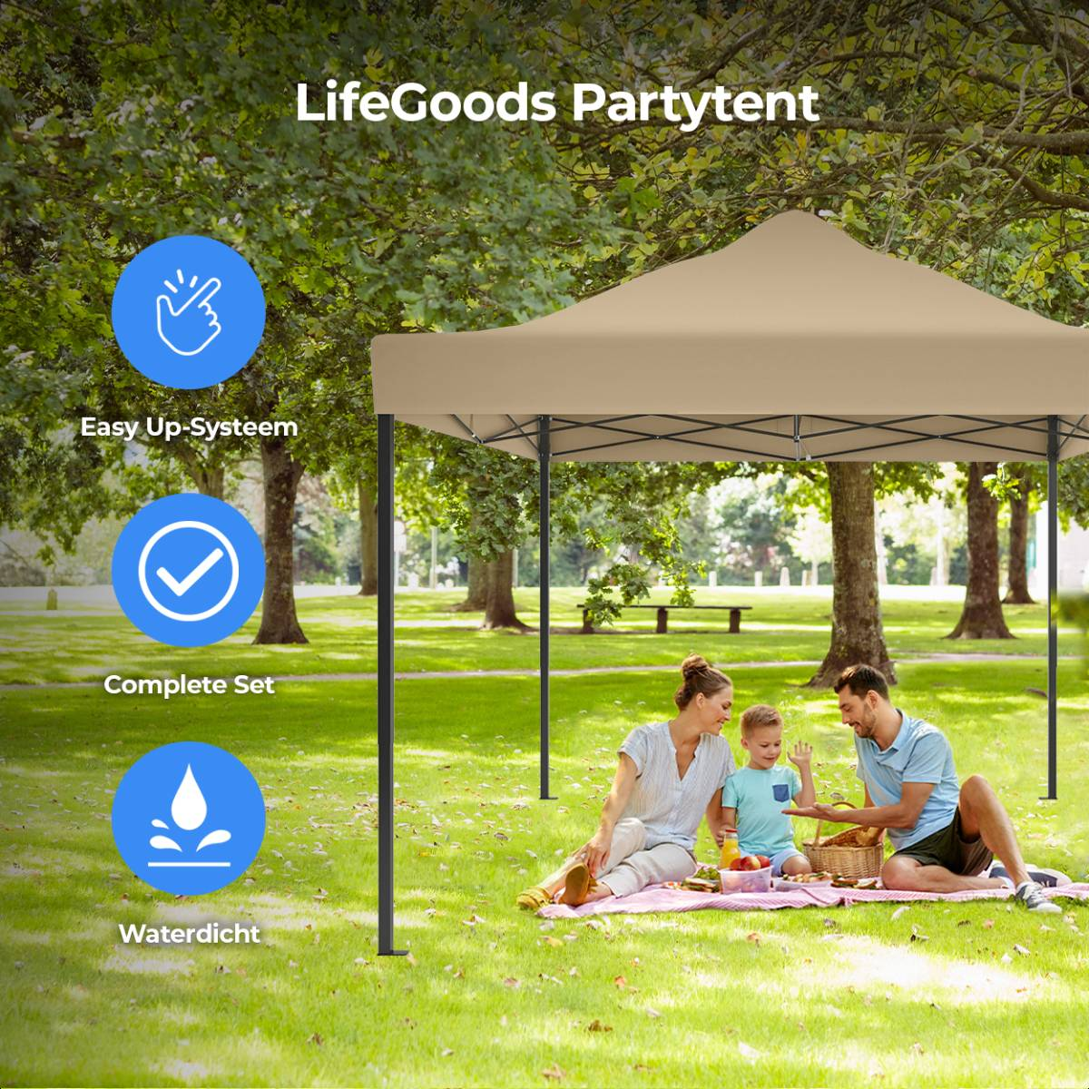 A family picnicking under a beige tent, with text 'LifeGoods Partytent'. Icons for easy setup, complete set, waterproof.
