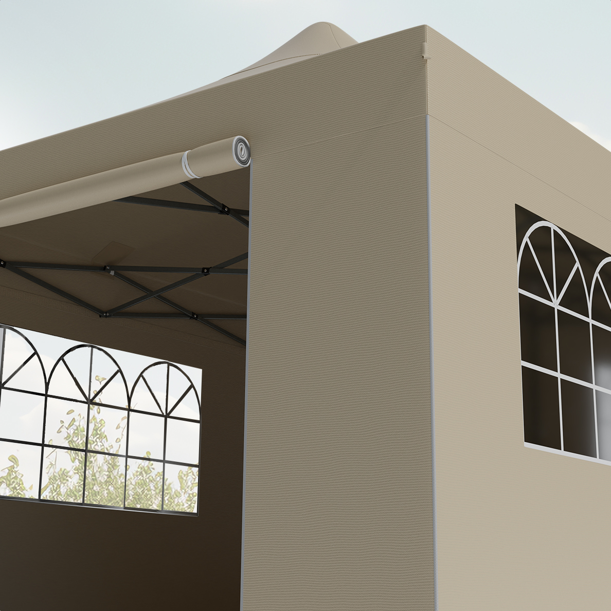 A beige party tent corner, with windows and a rolled-up side. The tent is well lit.