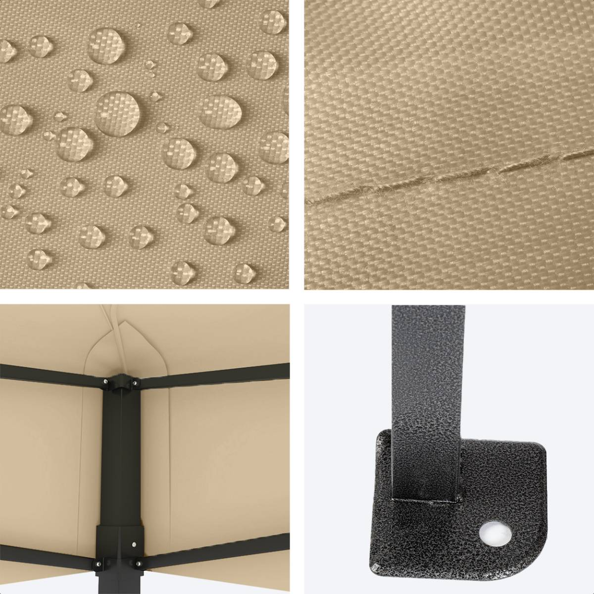 Close-up of beige waterproof fabric and details of a gazebo's structure.