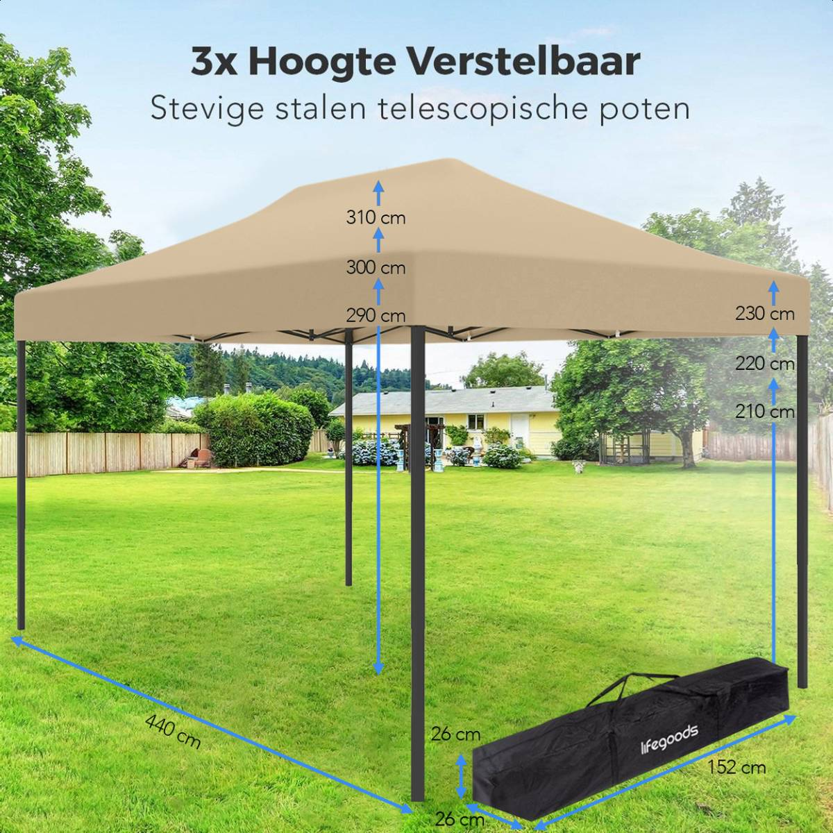 Beige tent with adjustable height, dimensions shown; black carrying bag on the grass.