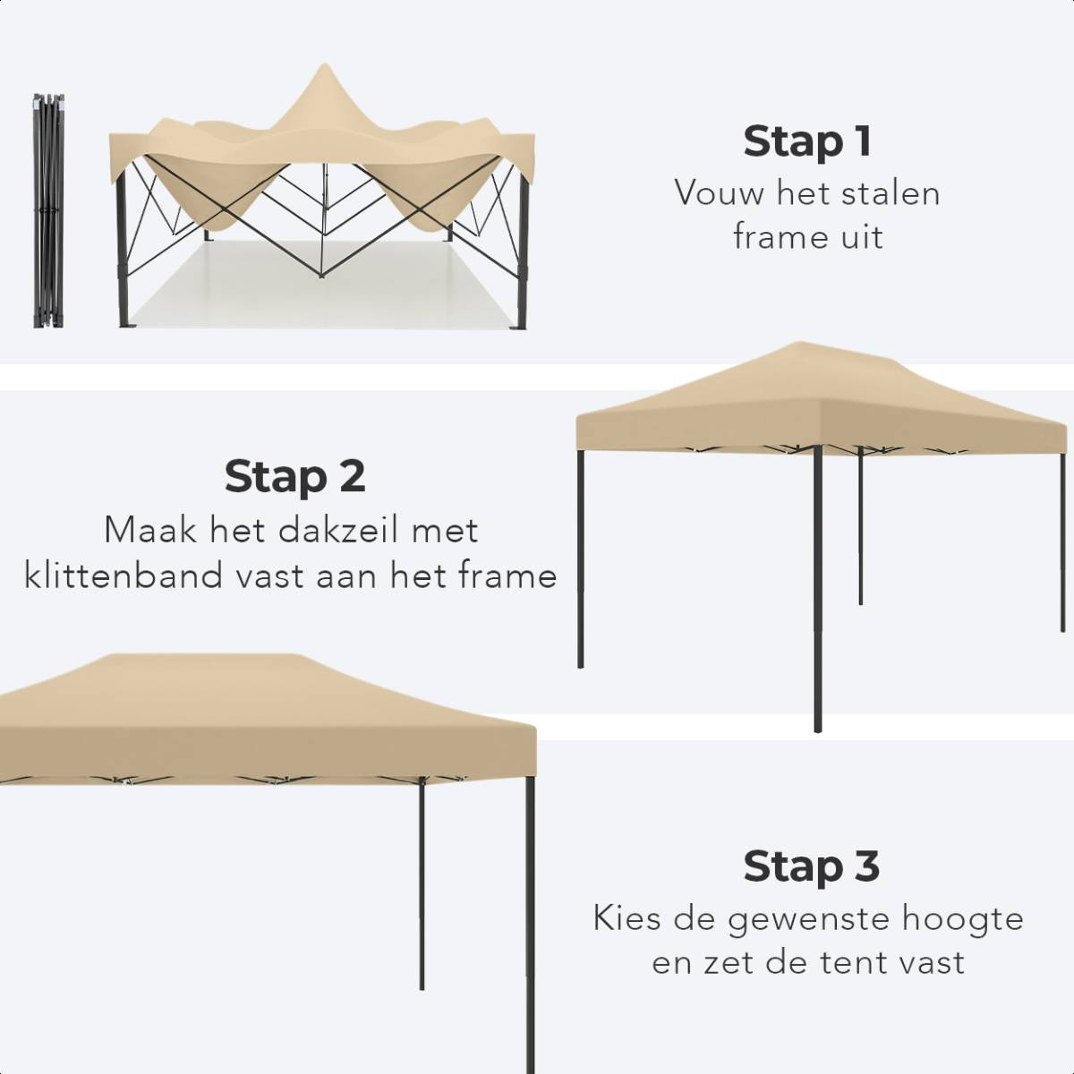 Three steps for setting up a tan tent, showing the frame, fabric attachment, and height adjustment.