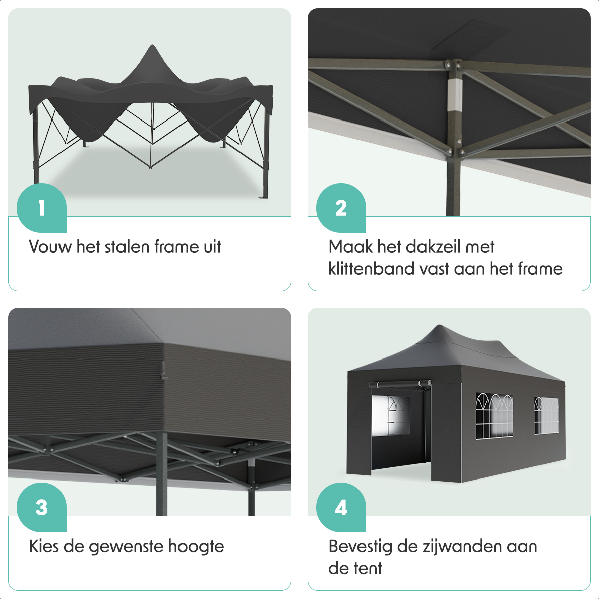 Step-by-step setup guide for a black tent; folding frame, attaching roof, adjusting height and side walls.