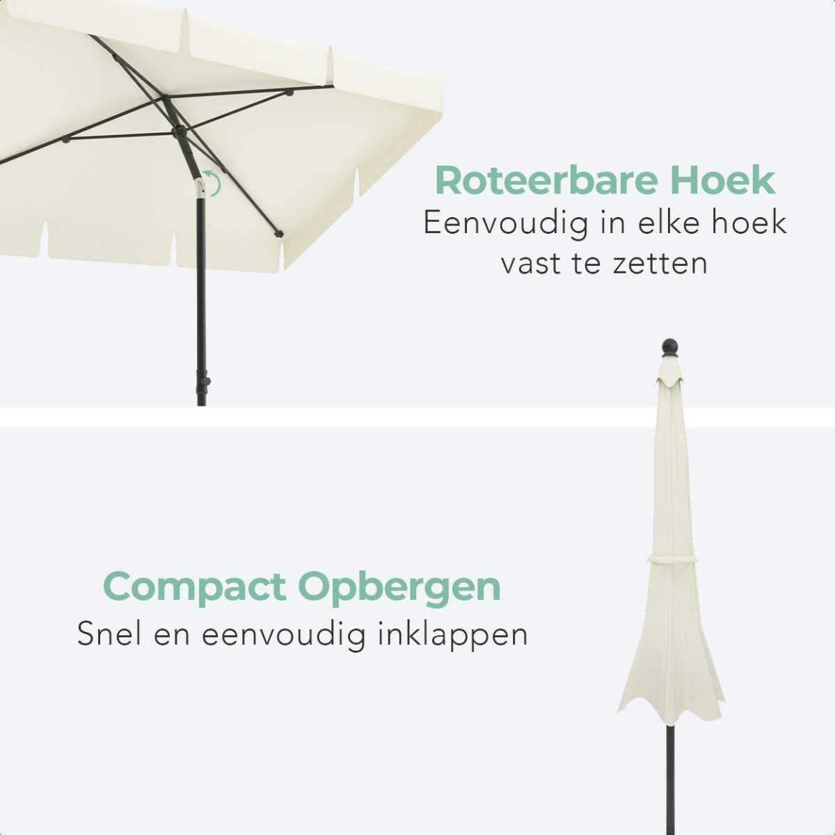 Close-up van een witte parasol. Tekst: Draaibare hoek. Details van de opgevouwen parasol.