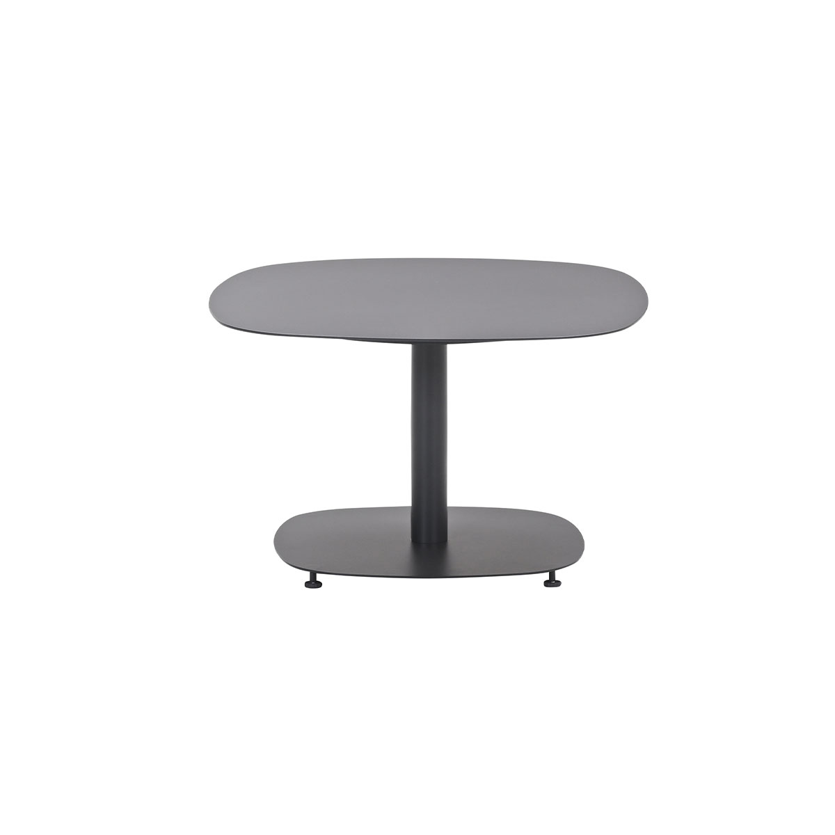 Table grise avec dessus et base arrondis, reliés par une colonne centrale, sur fond blanc.