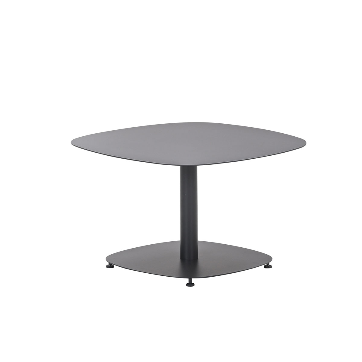 Une table carrée noire moderne sur fond blanc. Elle a un seul pied central.