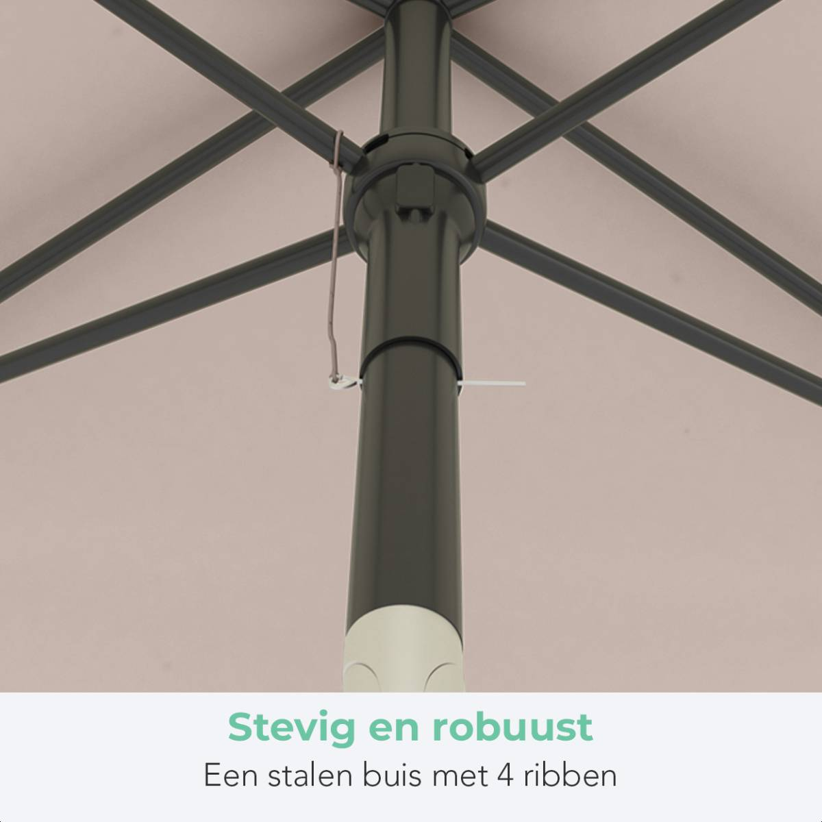 Close-up van het midden van een open beige paraplu, met de donkere draagconstructie en de paal. Tekst eronder.