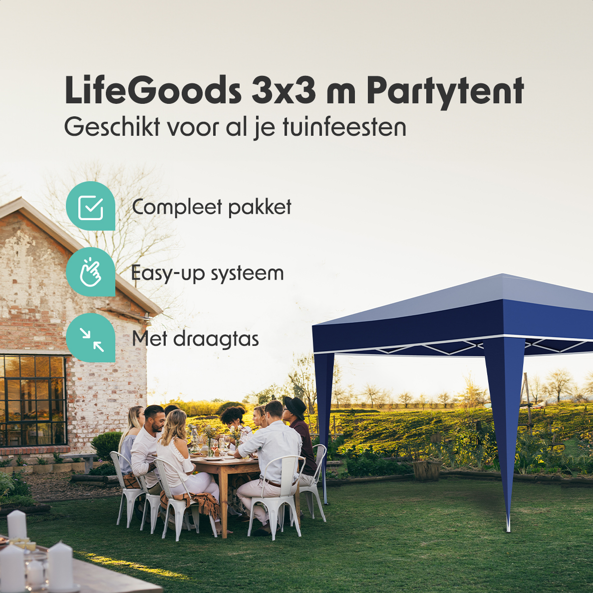 Group dining under a blue party tent. Text: 'Complete Package', 'Easy-up system', 'With carrying bag'.