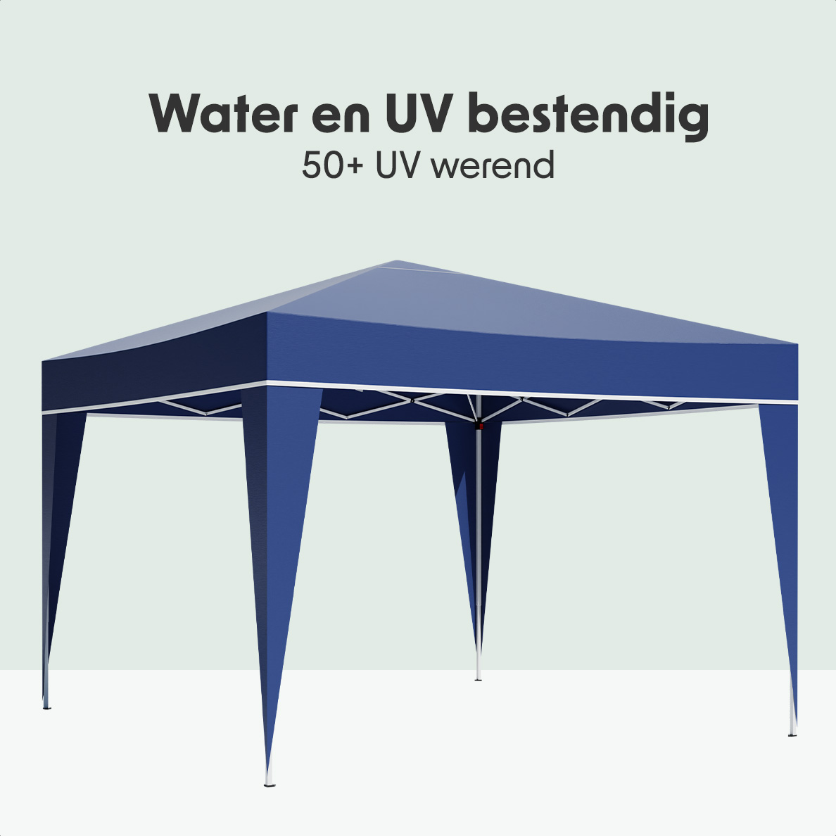 A blue pop-up gazebo set up. Text indicates it is water and UV resistant, with a 50+ UV rating.