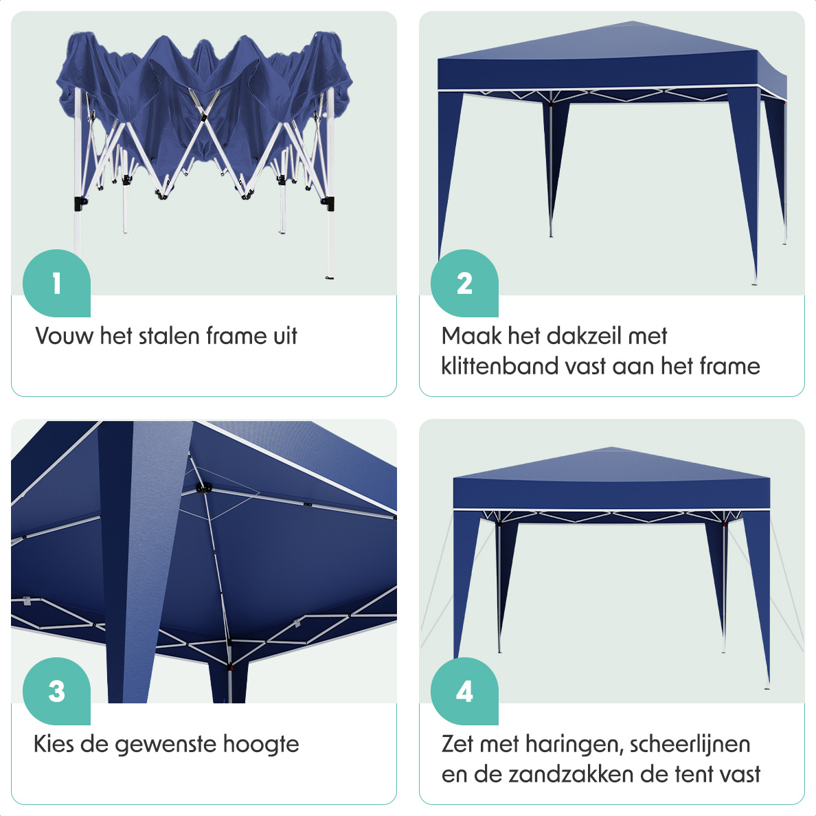 A blue tent being assembled in 4 steps. Details of the tent frame, canopy, and setup are shown.