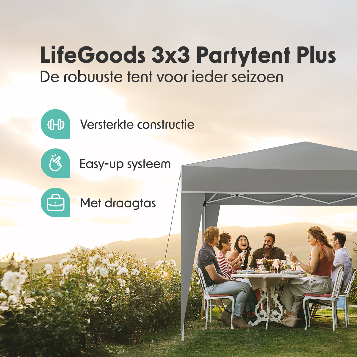 People are seated at a table under a gray party tent. The tent has a logo and features easy setup.