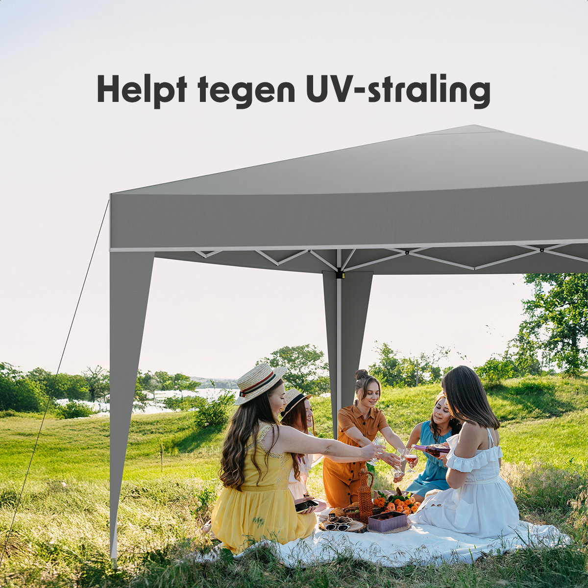 Group of people under a grey pop-up tent, enjoying drinks and a picnic on the grass.