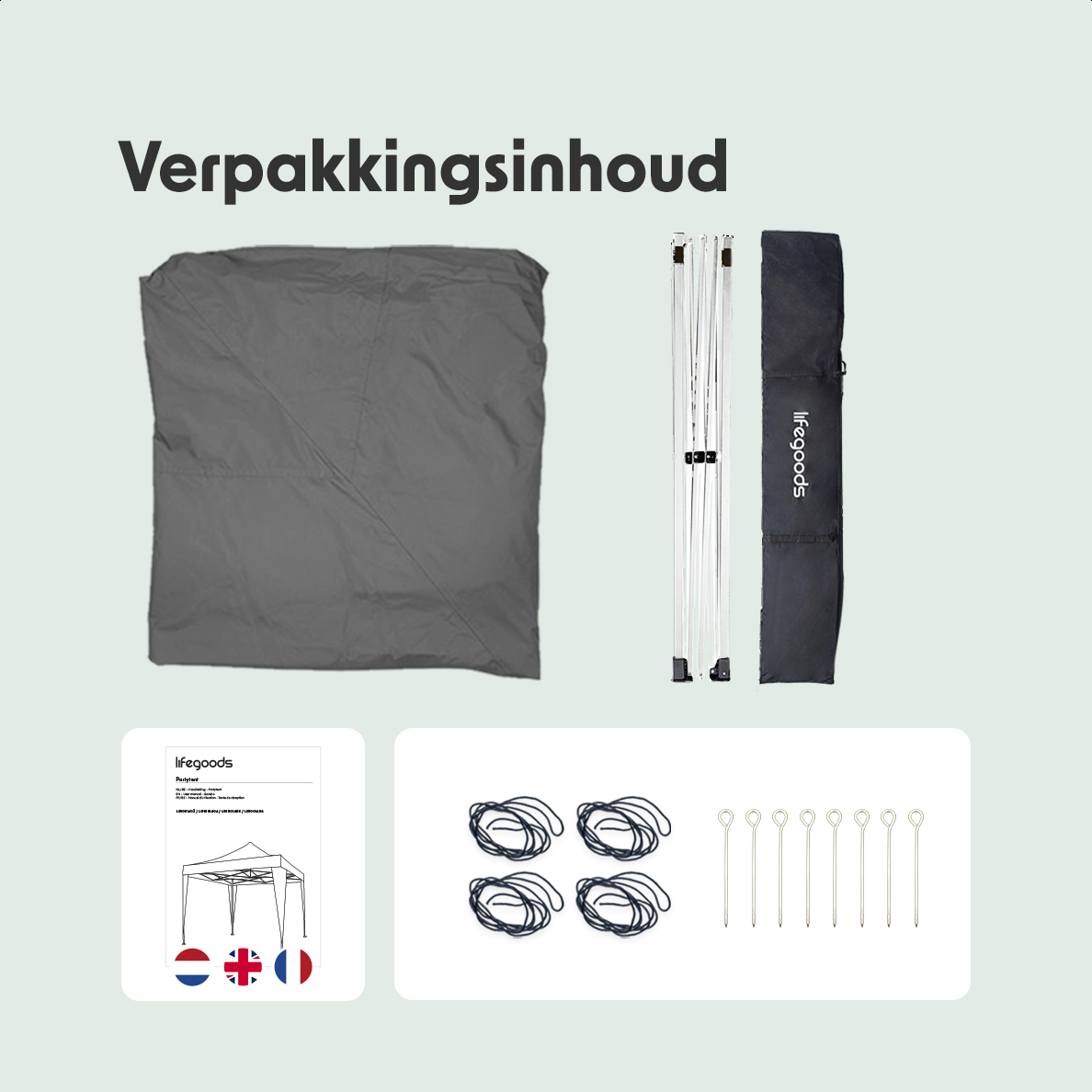 The tent package contains a cover, frame, instruction, ropes, and stakes, on a light background.
