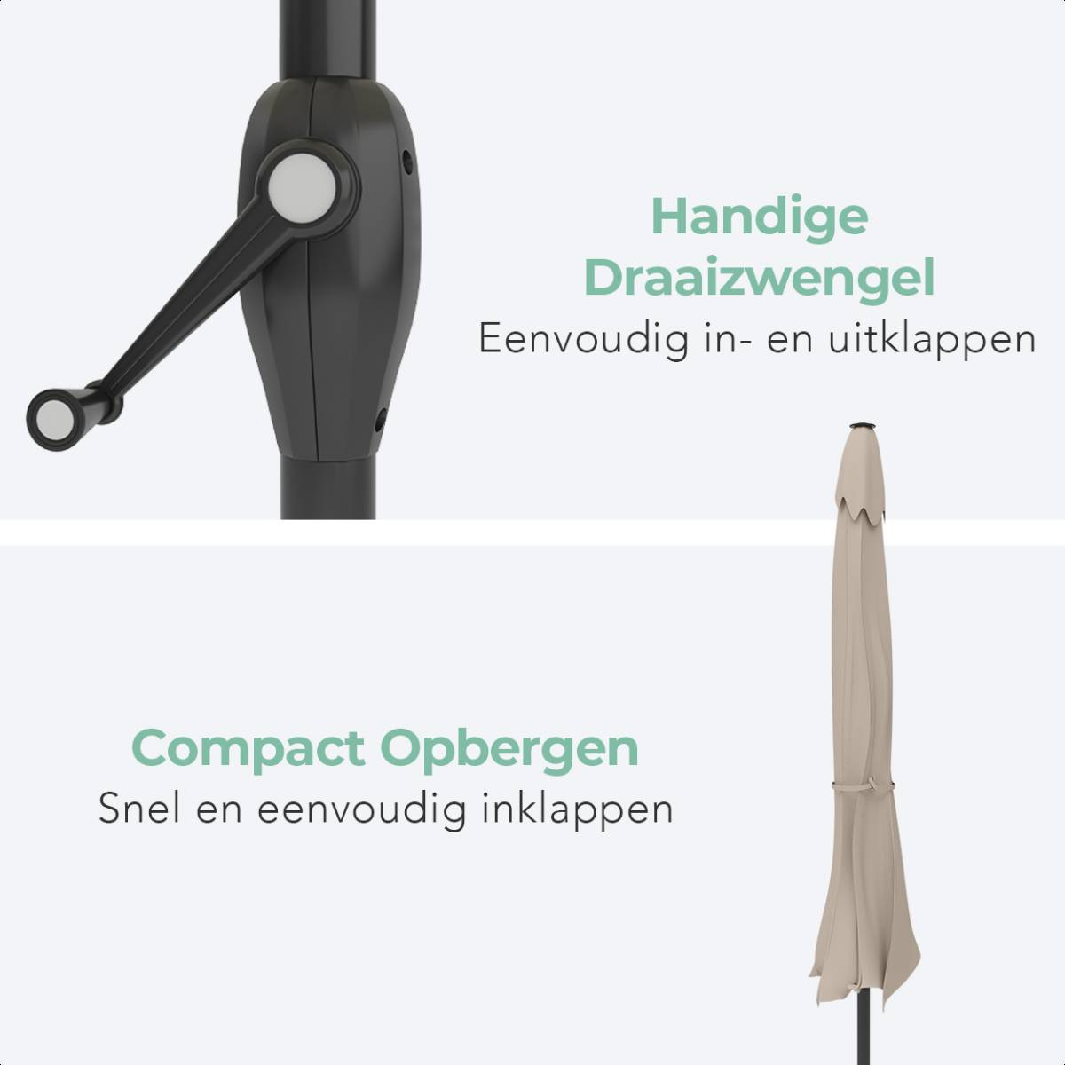 Een close-up van een paraplumechanisme, met een slinger voor het openen en sluiten, opgevouwen paraplu.