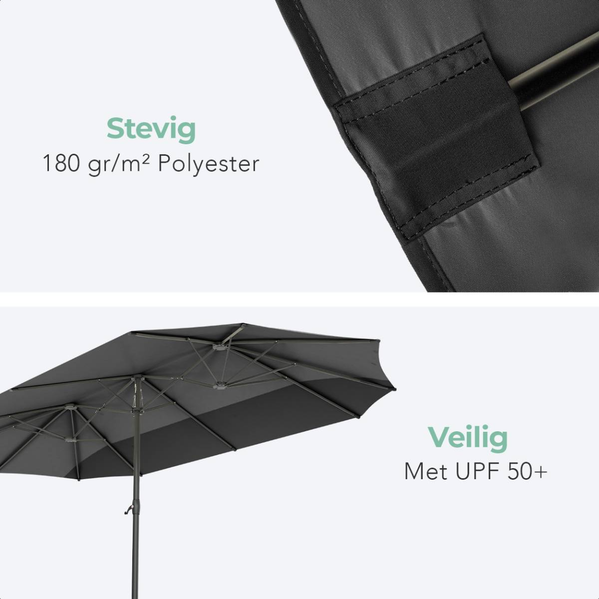 Grijze parasol met zwart frame, tekst over 180gr/m2 polyester en UPF 50+.