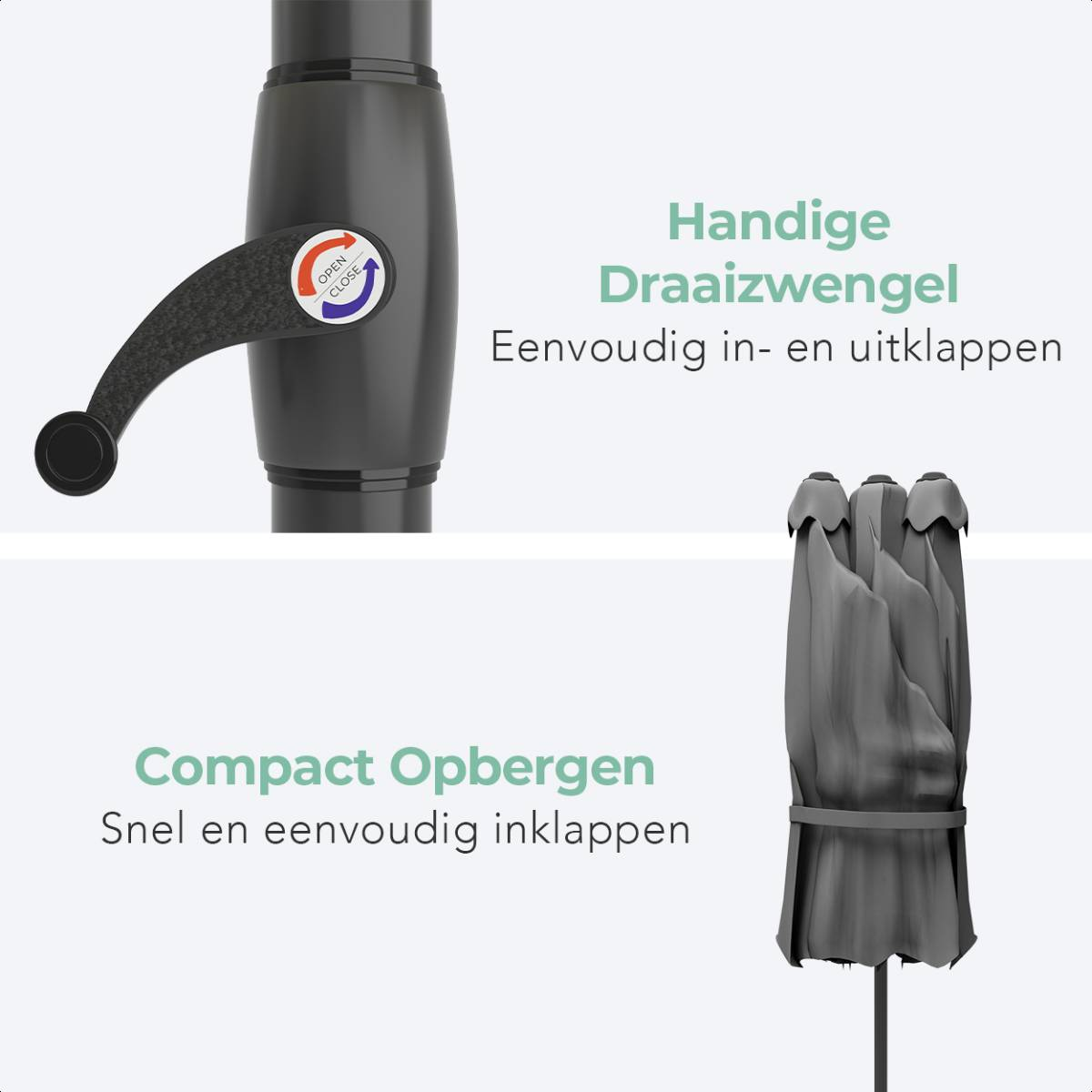 Close-up van een slinger en een paraplu, die gemakkelijk opvouwen en compact opbergen illustreren.