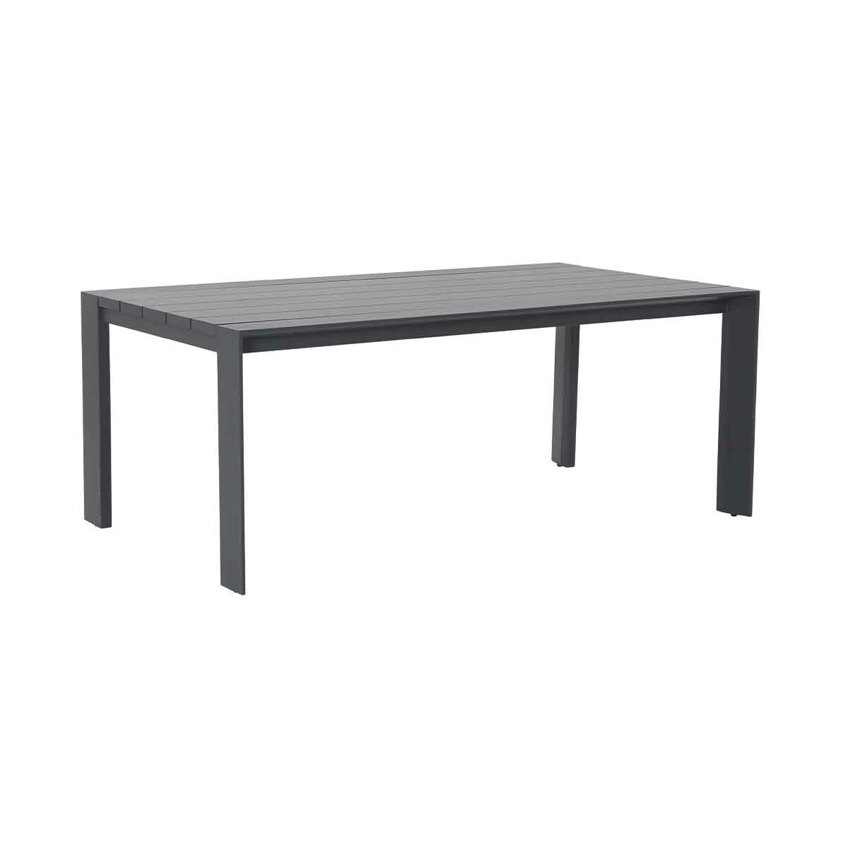 Dark gray rectangular table with four legs, against a white background. The surface has narrow lines.