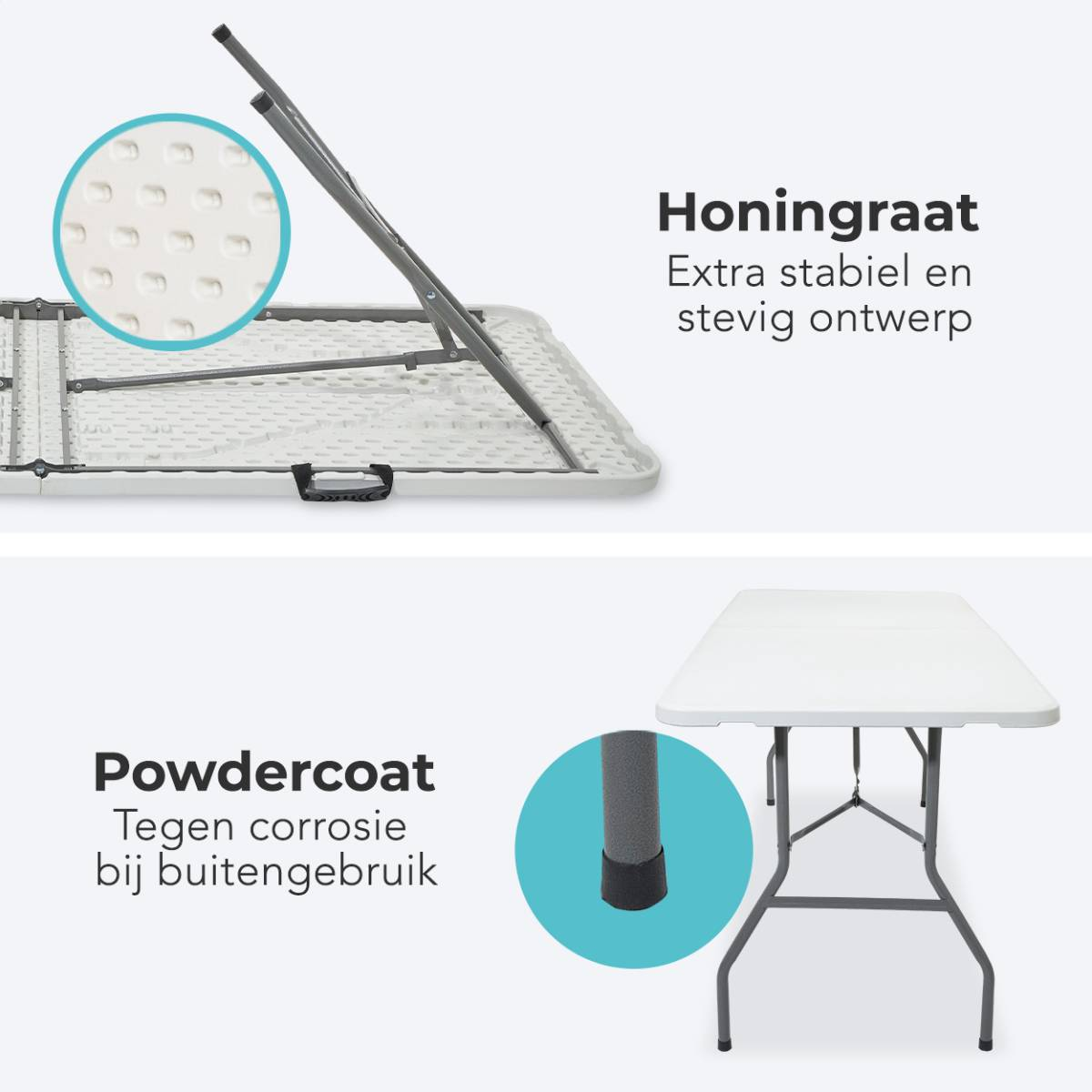 Een witte klaptafel, met een honingraat binnenkant en een gepoedercoate buitenkant. Tekst beschrijft de tafel.