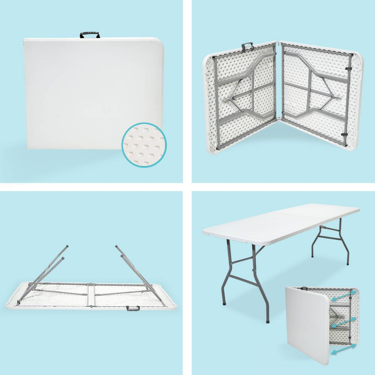 Witte klaptafel, opgevouwen, open en met pootdetail getoond.