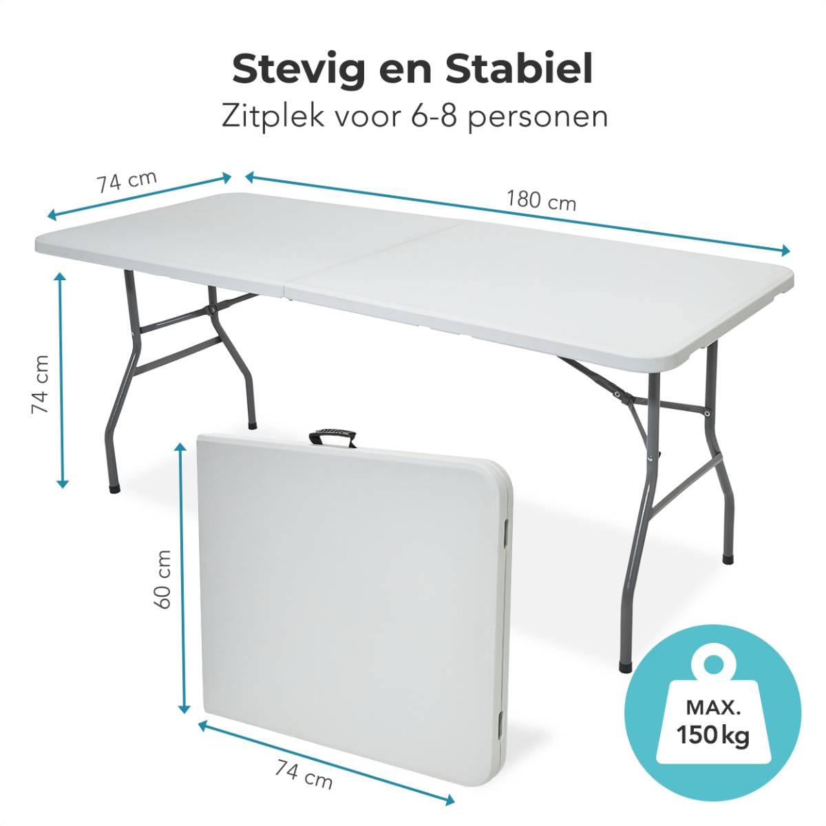 Witte klaptafel met afmetingen, opgevouwen en open, op blauwe achtergrond.