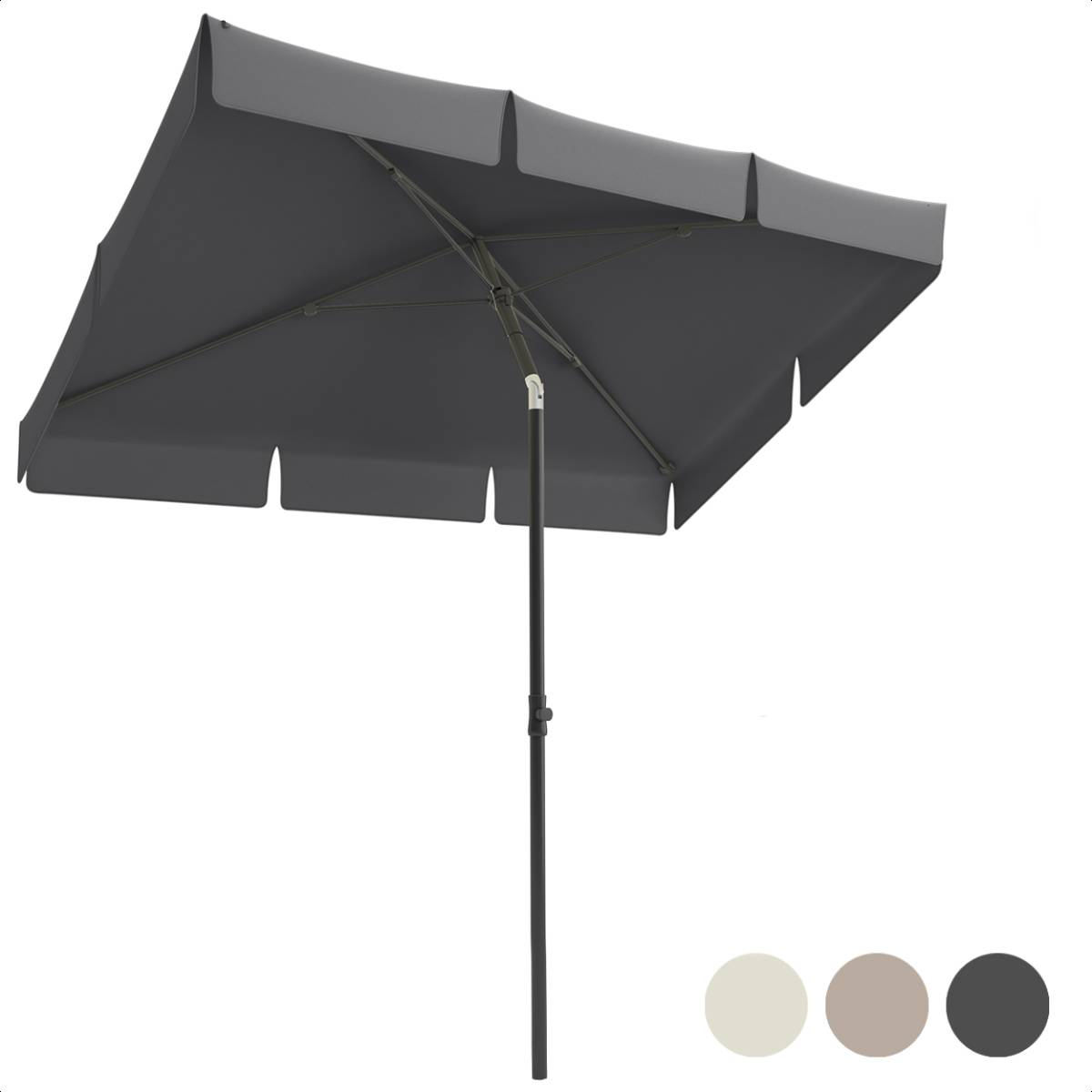 Donkergrijze vierkante parasol met kleuropties, tegen een witte achtergrond.