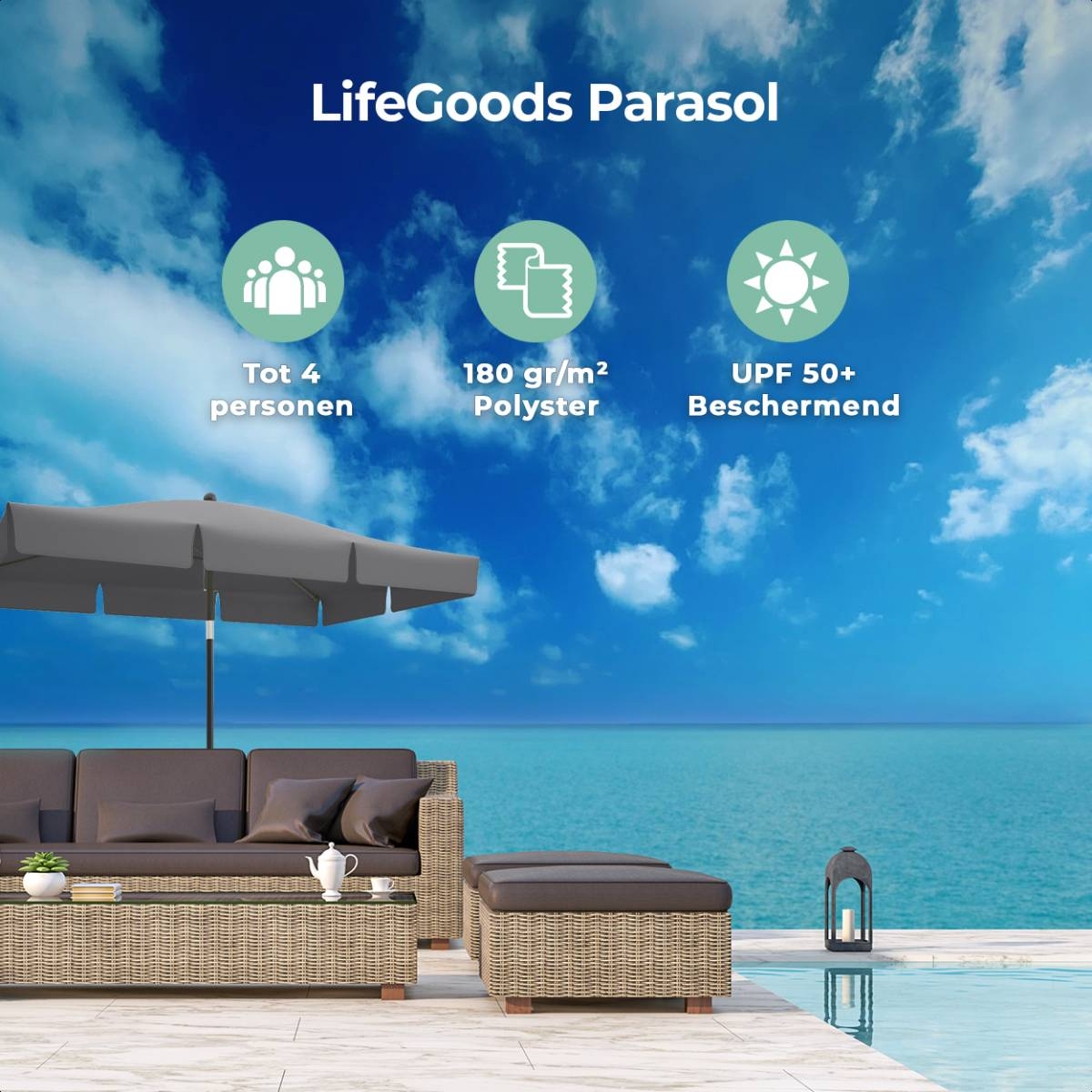 Blauwe lucht scène met een parasol, sofa en tekst over de eigenschappen van de parasol.